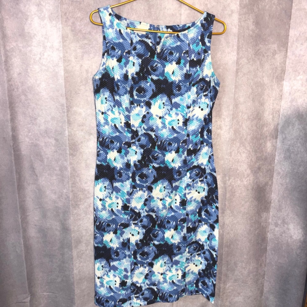 Talbots Floral Textured Sheath Dress Women 8 Blue Preppy Modern Classic Chic